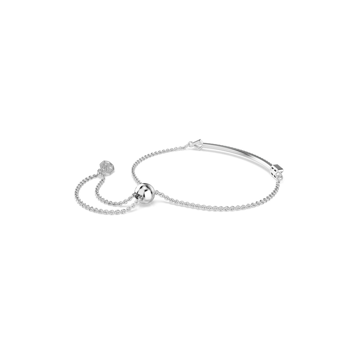 The Swarovski Idyllia bracelet by Swarovski features mixed cuts in a distinctive arrow design, crafted with a rhodium-plated silver chain and an elegant sliding clasp, showcased against a plain white background.