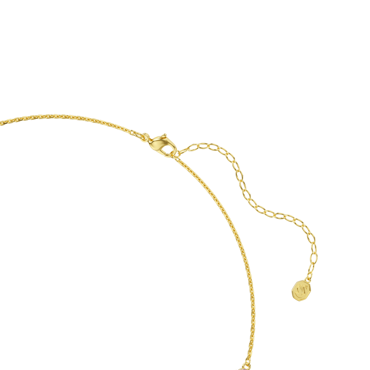 The Swarovski Gema necklace, featuring mixed-cut multicolored stones and an 18K gold finish, is designed in a delicate crew length with a lobster clasp, adjustable extension chain, and a small round charm at the end, displayed against a plain white background.