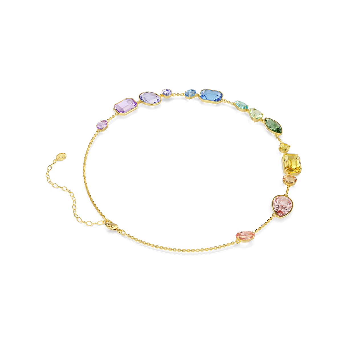Featuring a luxurious 18K gold finish, the Swarovski Gema necklace showcases an array of multicolored gemstones in mixed cuts, elegantly spaced along the chain and finished with an adjustable clasp.