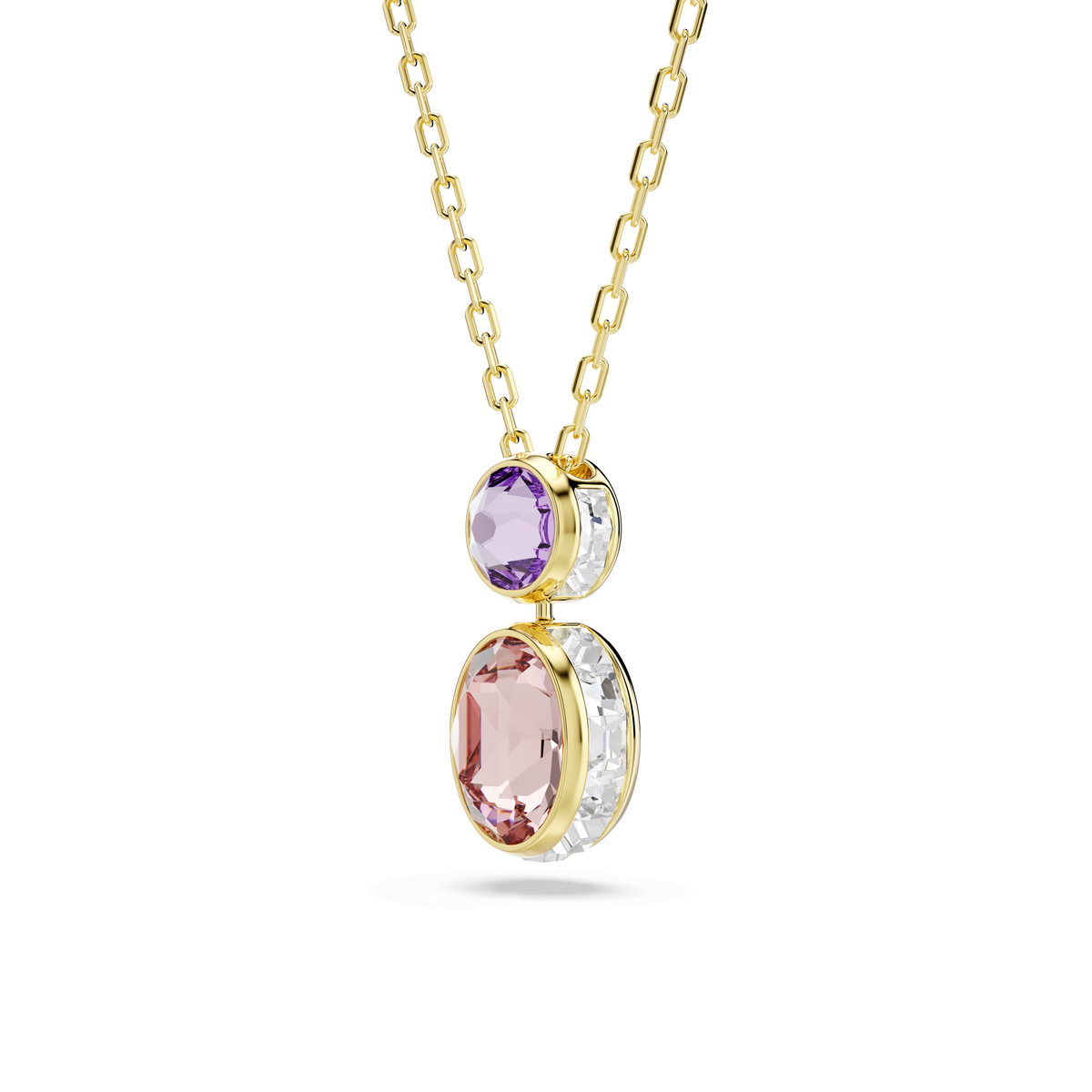 Swarovski Chroma pendant necklace by Swarovski, featuring mixed-cut multicolored gemstones—oval pink and round purple—set in an 18K gold finish and accented with small clear stones, displayed on a white background.