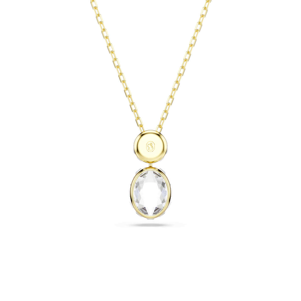 Swarovski Chroma pendant necklace features mixed-cut, multicolored crystals set in an 18K gold-finished chain, shown against a plain light background.