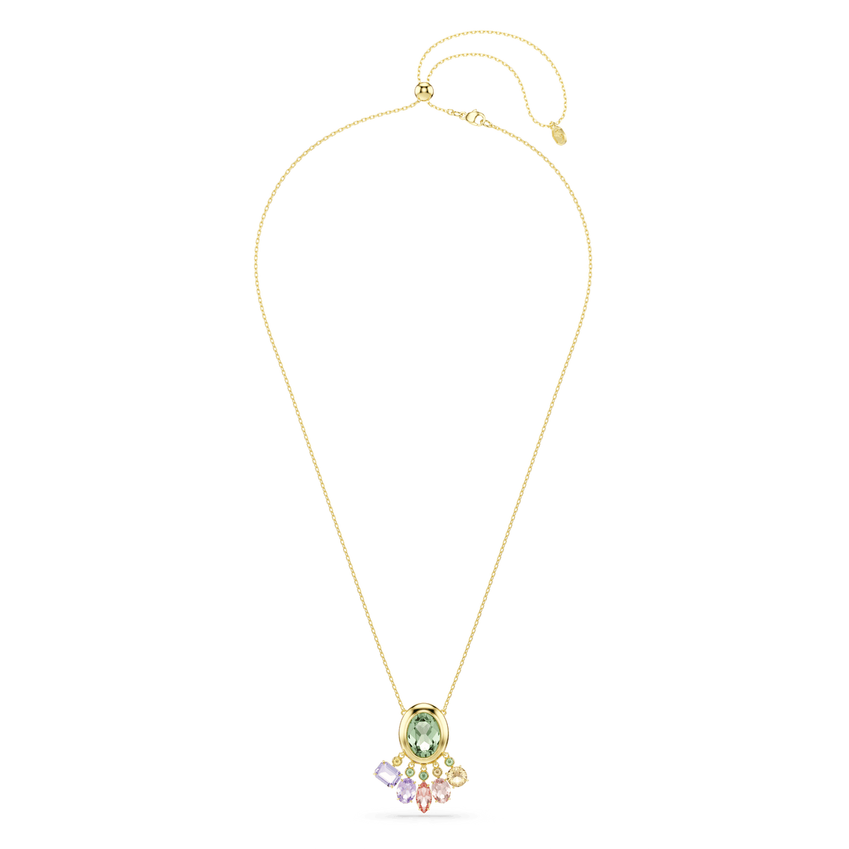 Swarovski Gema pendant by Swarovski, featuring an elegant 18K gold finish and a striking oval green crystal centerpiece, accented with five smaller mixed-cut crystals in pink, purple, and clear hues—beautifully displayed on a plain white background.