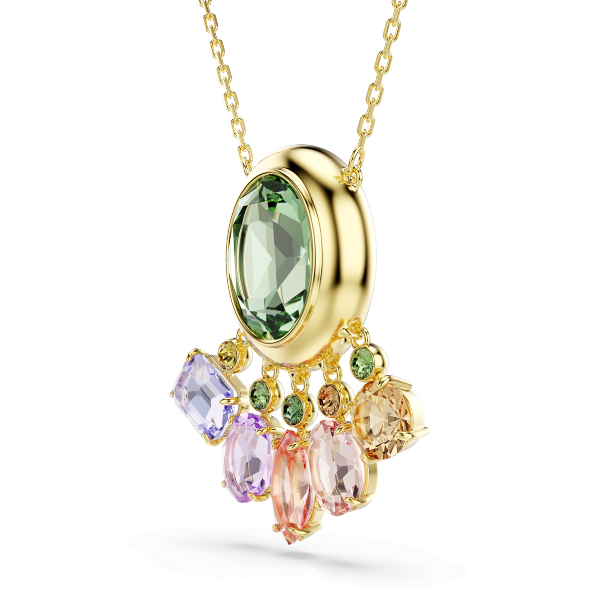 Introducing the Swarovski Gema pendant: this exquisite necklace features a striking Swarovski centerpiece accented by dangling mixed-cut crystals in pastel hues, including pink, purple, and yellow. Elegantly crafted with an 18K gold finish, this luxurious piece showcases the signature brilliance of the Swarovski brand.
