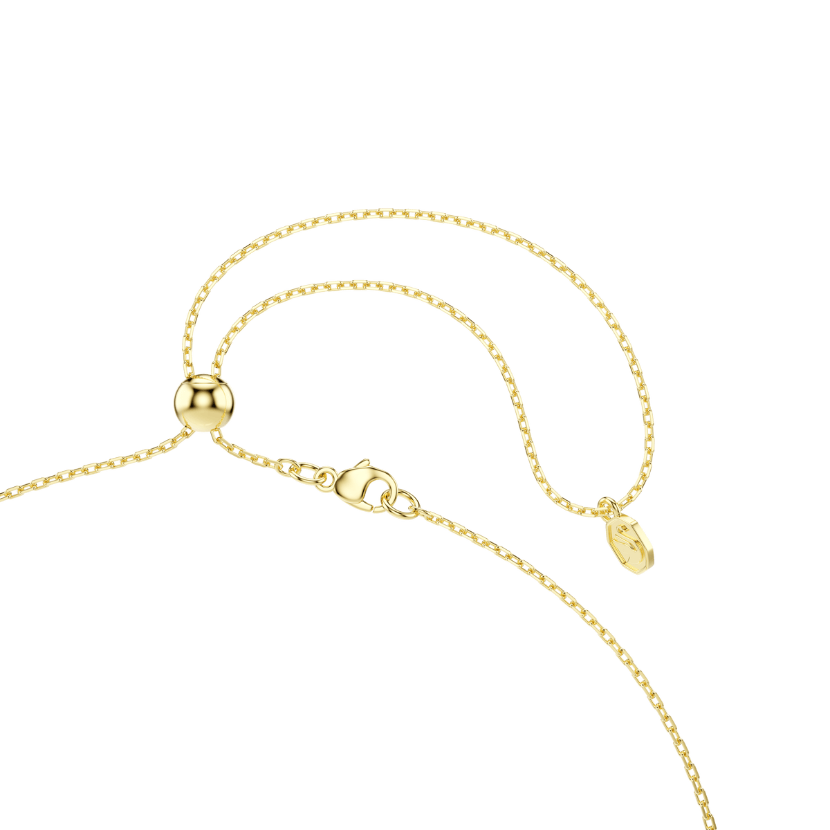 Showcased on a white background, the Swarovski Gema pendant features an 18K gold finish and a delicate gold chain with a lobster clasp and adjustable sliding bead. This elegant necklace is adorned with dangling multicolored crystals in mixed cuts, embodying the signature style of Swarovski.