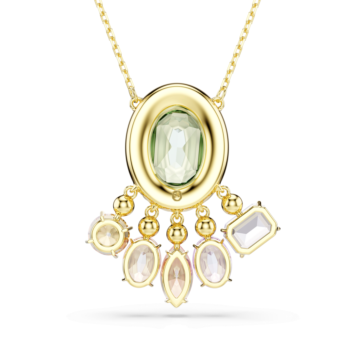 The Swarovski Gema pendant features mixed-cut, multicolored dangling crystals—centered with an oval green crystal and surrounded by five pastel gemstones in various shapes—set in gold with an elegant 18K gold finish, all suspended from a fine gold chain.
