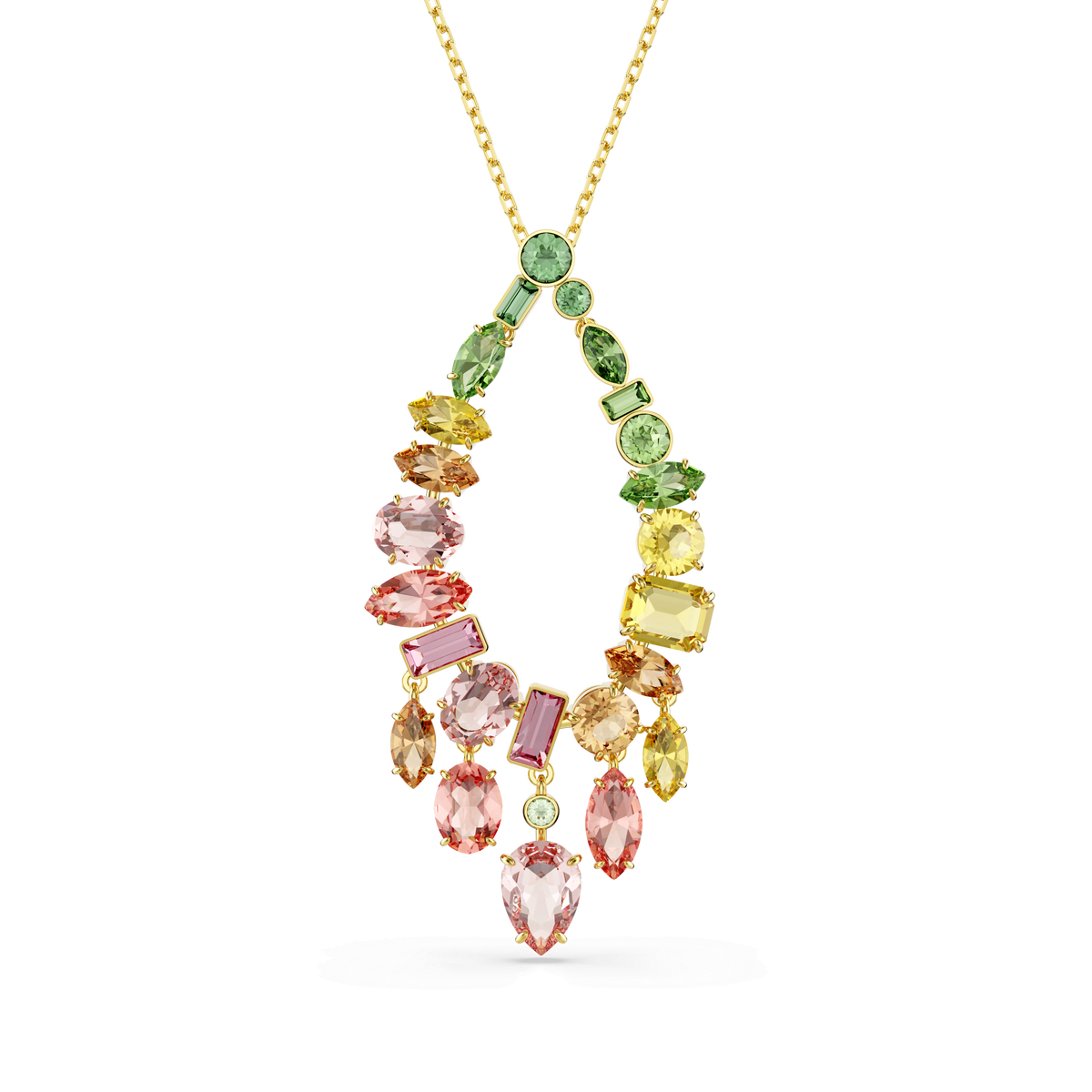 Make a statement with the Swarovski Gema pendant, a striking 18K gold-finish necklace featuring an array of multicolored gemstones in mixed cuts, artfully arranged in an elegant curved design—perfect for anyone who loves a unique boho-inspired style.