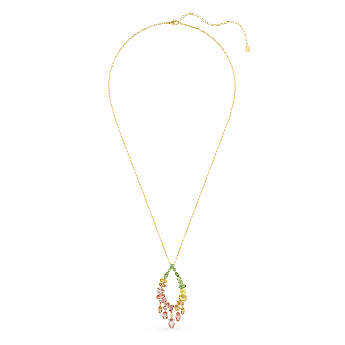 Elevate your style with the Swarovski Gema pendant, a stunning necklace featuring mixed-cut multicolored crystals in pink, orange, and green—gracefully clustered in a leaf-like design at the center. Finished with an elegant 18K gold-plated chain, this unique Swarovski piece is perfect for those who love boho-inspired sophistication.