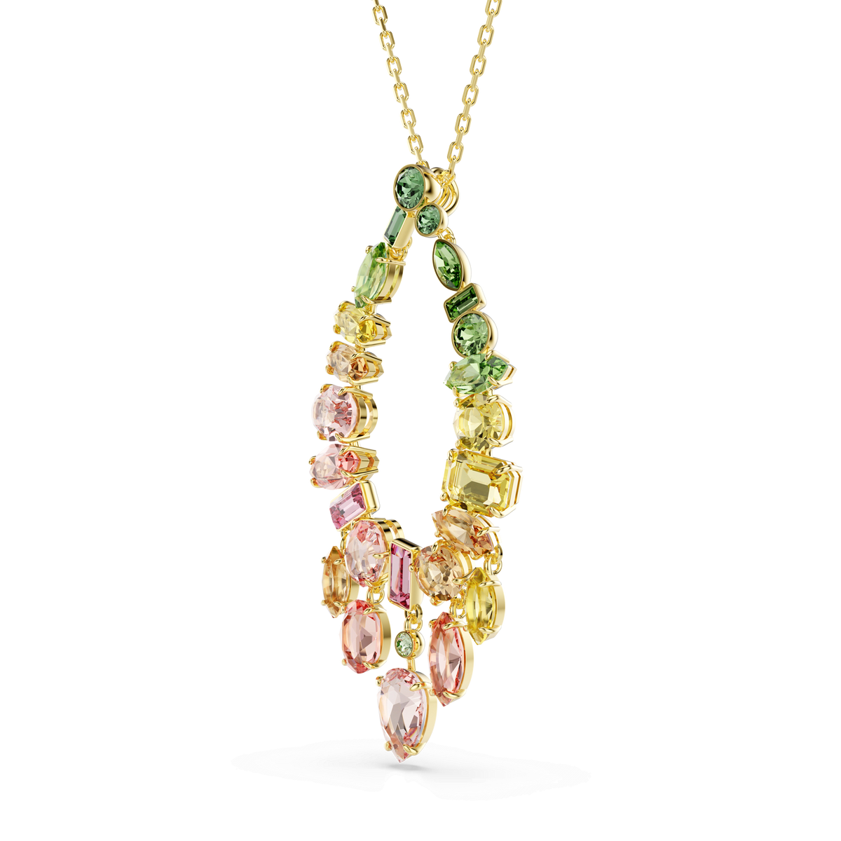 The Swarovski Gema pendant, featuring mixed-cut multicolored gemstones in radiant green, pink, and yellow hues set within an elegant 18K gold finish, is a striking boho-style necklace by Swarovski beautifully showcased against a plain white background.