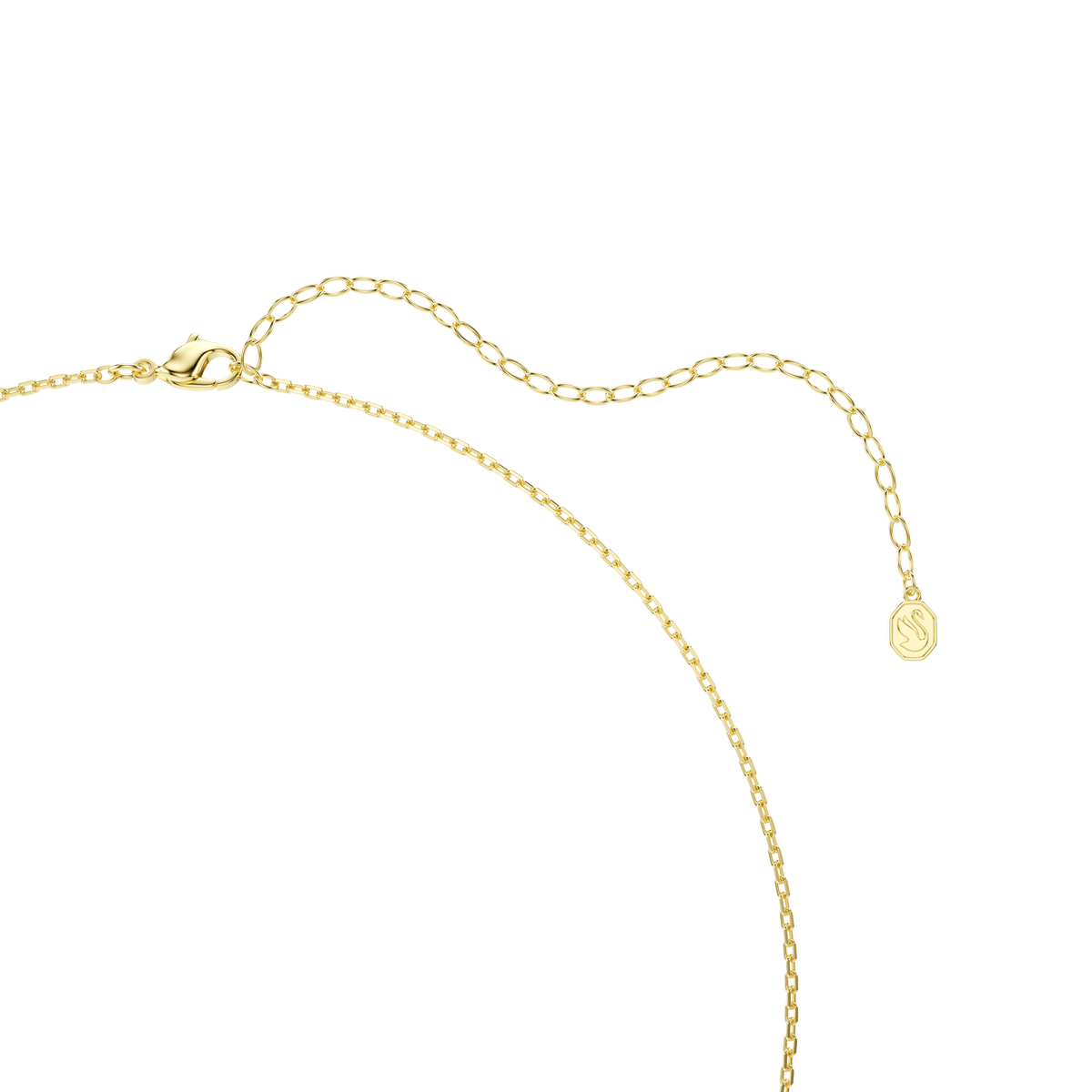 Swarovski Gema pendant necklace in a radiant 18K gold finish, featuring mixed-cut multicolored crystals and a fine adjustable extender with a small round charm at the end, displayed on a plain white background.