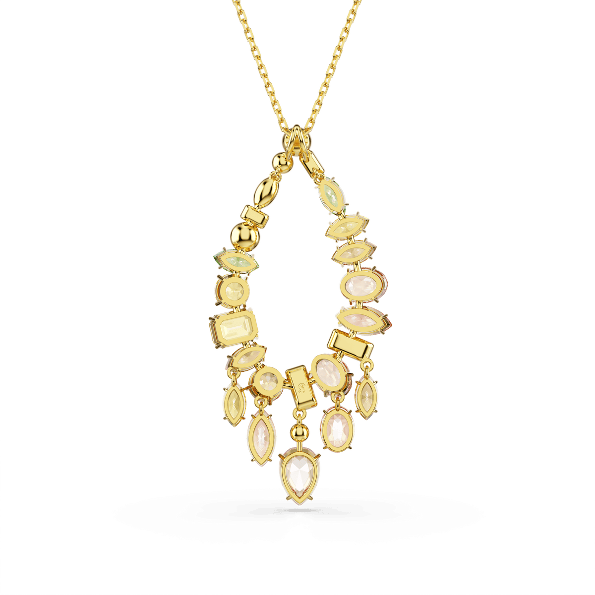 Introducing the Swarovski Gema pendant: this exquisite necklace by Swarovski showcases mixed-cut, multicolored gemstones beautifully arranged in an 18K gold finish. Suspended from a delicate, gold-toned chain, the artfully designed pendant combines elegance with boho charm. The piece is expertly photographed against a plain white background.