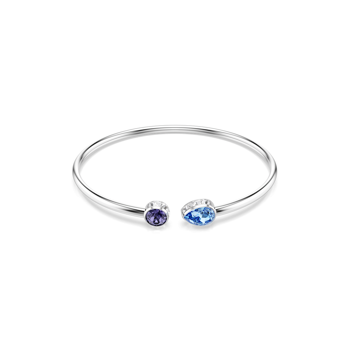 The Swarovski Chroma bangle is a rhodium plated bracelet featuring mixed-cut gemstones at each open end—one round in purple and one pear-shaped in blue—both set with sparkling blue and purple crystals, shown against a white background.