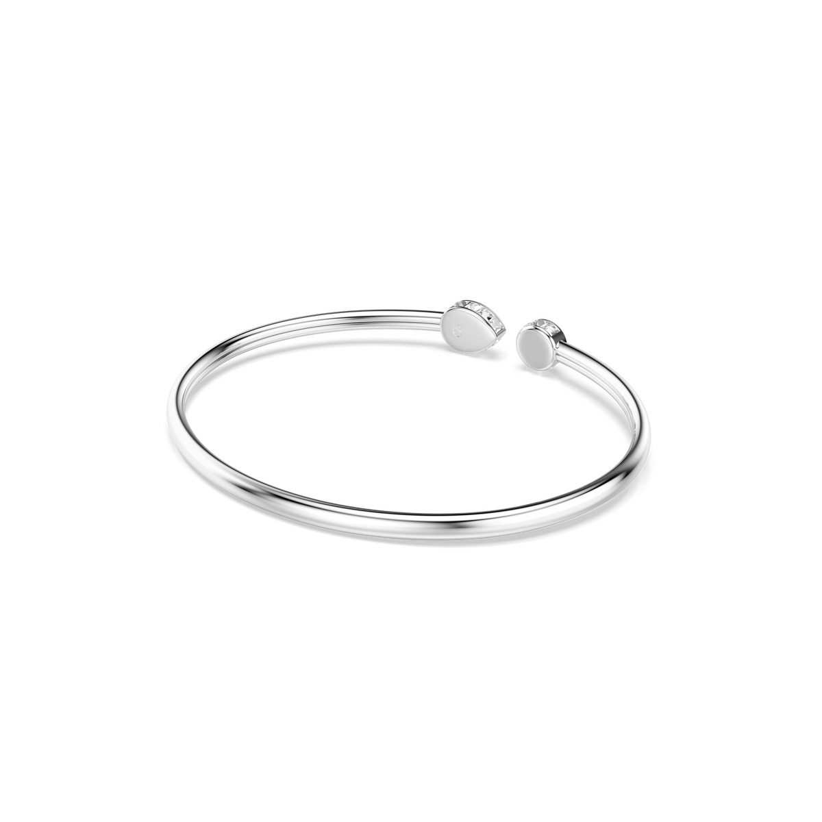 The Swarovski Chroma bangle is a minimalist rhodium-plated bracelet featuring mixed-cut multicolored crystals in blue and purple hues at each rounded end, shown against a plain white background.