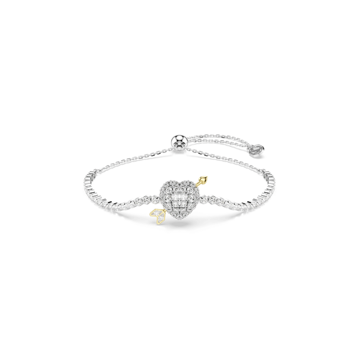 Rhodium plated Swarovski Idyllia bracelet featuring a heart with arrow motif adorned with mixed cut white stones, displayed on a white background.
