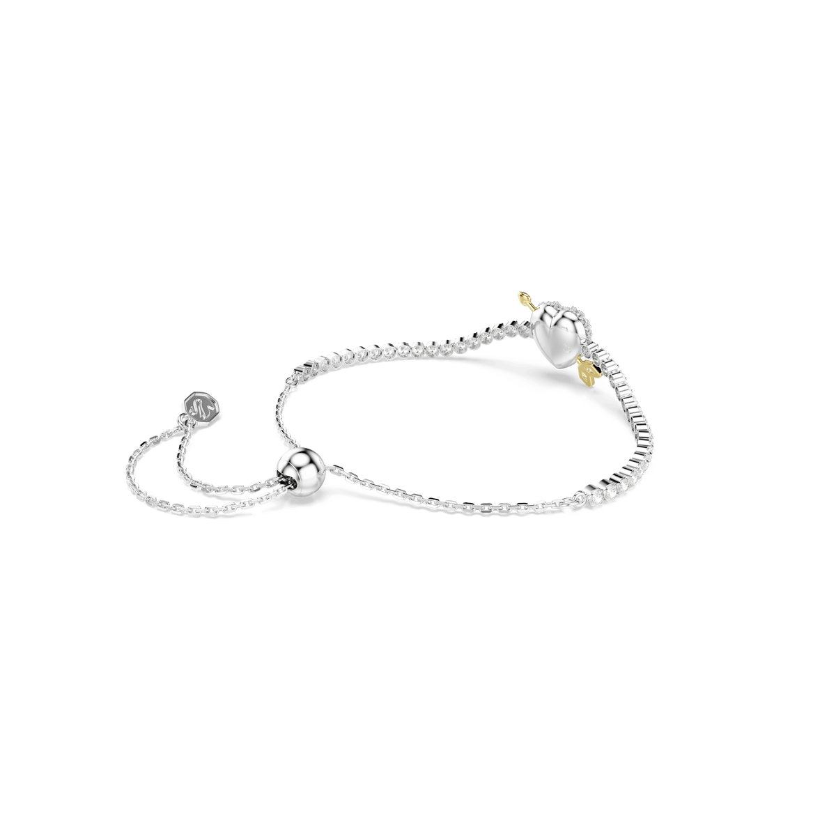 The Swarovski Idyllia bracelet features mixed cut stones in a heart with arrow motif, crafted in rhodium plated metal with white accents, and is elegantly displayed on a plain white background.