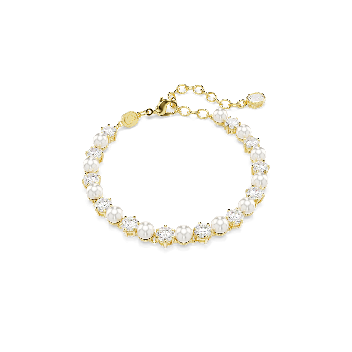 The Swarovski Matrix Tennis bracelet showcases alternating round-cut white crystal pearls and sparkling stones, expertly crafted with an 18K gold finish and a secure adjustable clasp, all set against a plain white background.
