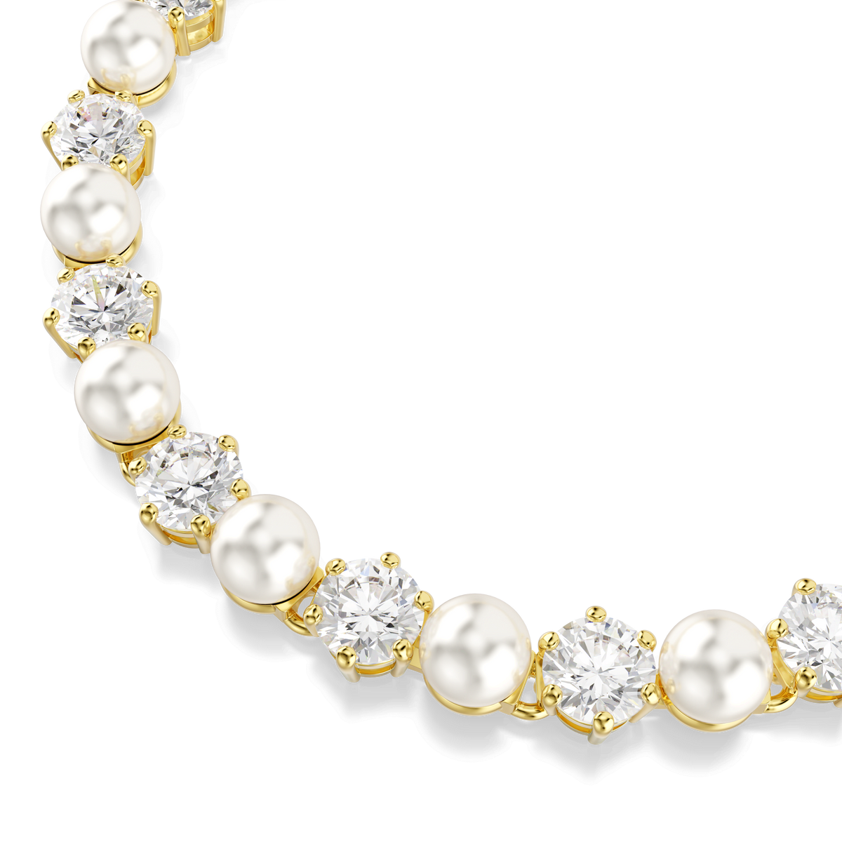 A close-up of the Swarovski Matrix Tennis bracelet, featuring alternating round white crystal pearls and sparkling clear round-cut Swarovski Zirconia gemstones with an 18K gold finish, displayed on a light background.