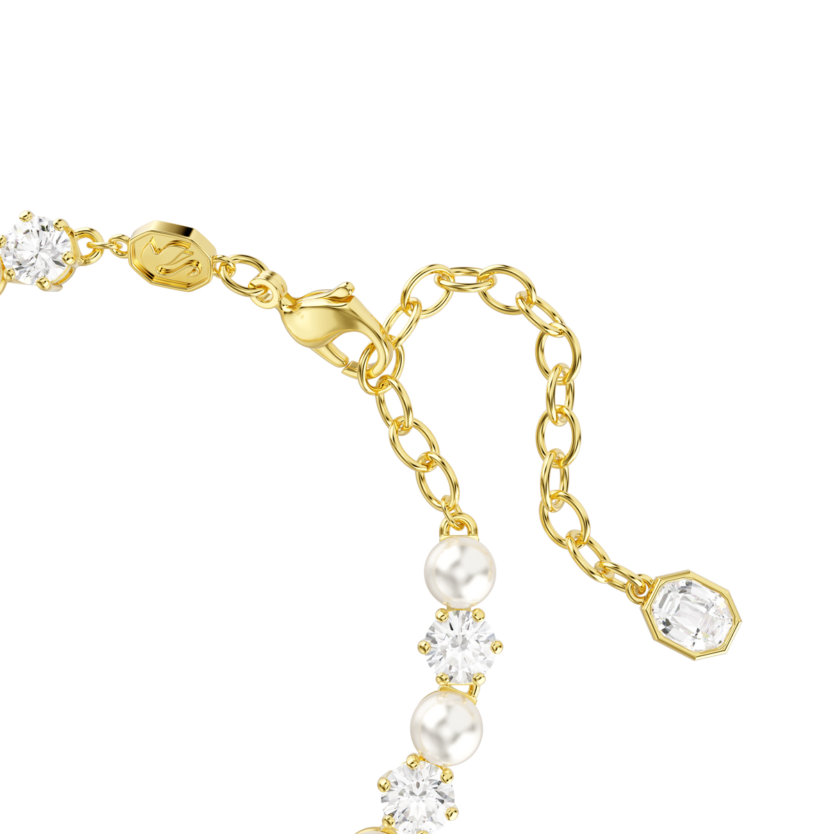 A close-up of the Swarovski Matrix Tennis bracelet, showcasing luminous crystal pearls and round-cut Swarovski Zirconia gemstones, all accentuated by an elegant 18K gold finish and completed with an adjustable clasp adorned with a hexagonal charm.