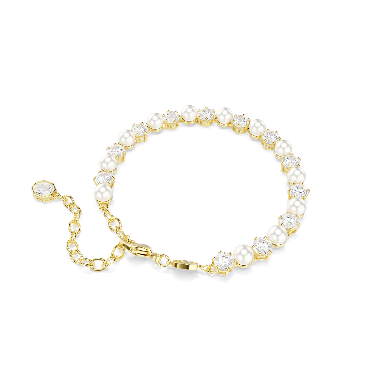 The Swarovski Matrix Tennis bracelet, featuring round-cut white crystal pearls and sparkling Swarovski Zirconia, is crafted with an elegant 18K gold finish. It includes an adjustable chain with a delicate gemstone accent at the end and is presented on a plain white background.