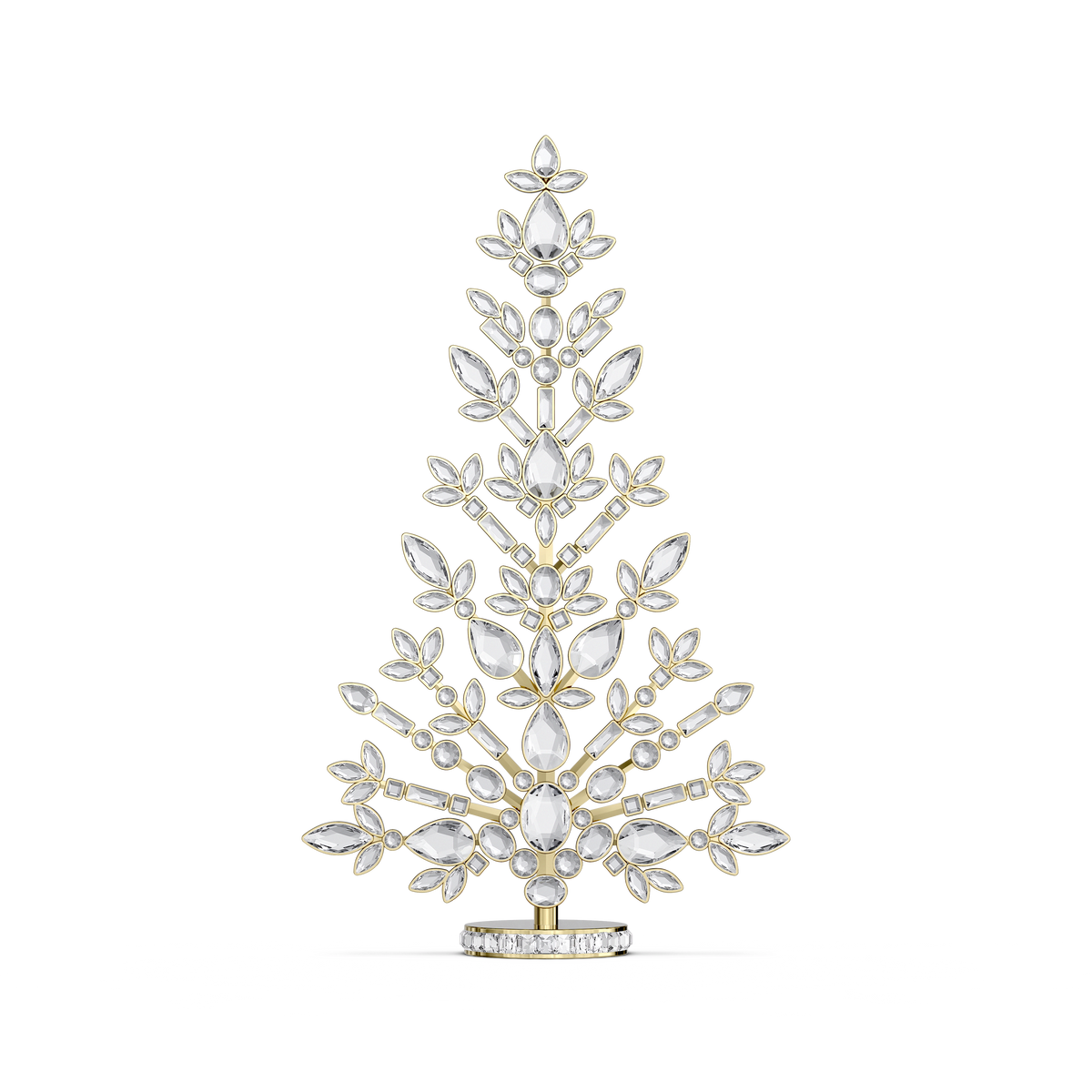 A dazzling Swarovski Gema Holiday Tree ornament from Swarovski, crafted in gold-tone plated metal and adorned with clear crystals arranged in symmetrical branches, set against a plain white background—an elegant piece perfect for holiday décor.