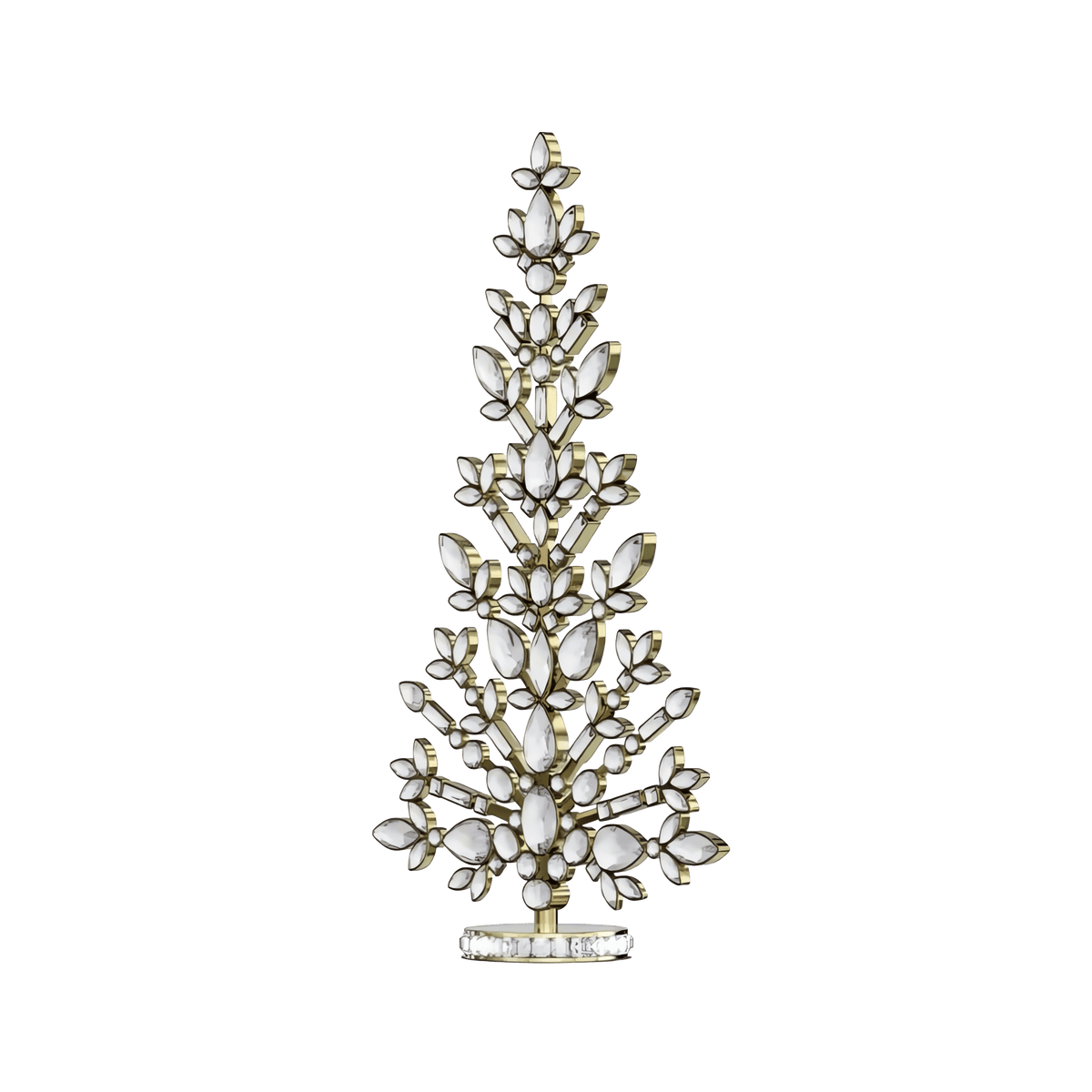 Introducing the Swarovski Gema Holiday Tree, a dazzling piece of holiday décor crafted by Swarovski. This decorative Christmas tree features shimmering clear, leaf-shaped crystals artfully arranged in symmetrical gold metal branches, all set against a plain white background—a stunning addition to any festive display.