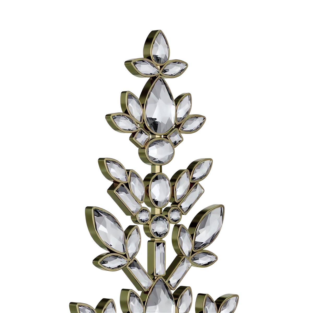 Add a touch of elegance to your holiday décor with the Swarovski Gema Holiday Tree, Crystal by Swarovski—a decorative gold ornament featuring clear, faceted crystals arranged in a symmetrical, floral-inspired pattern against a plain white background.