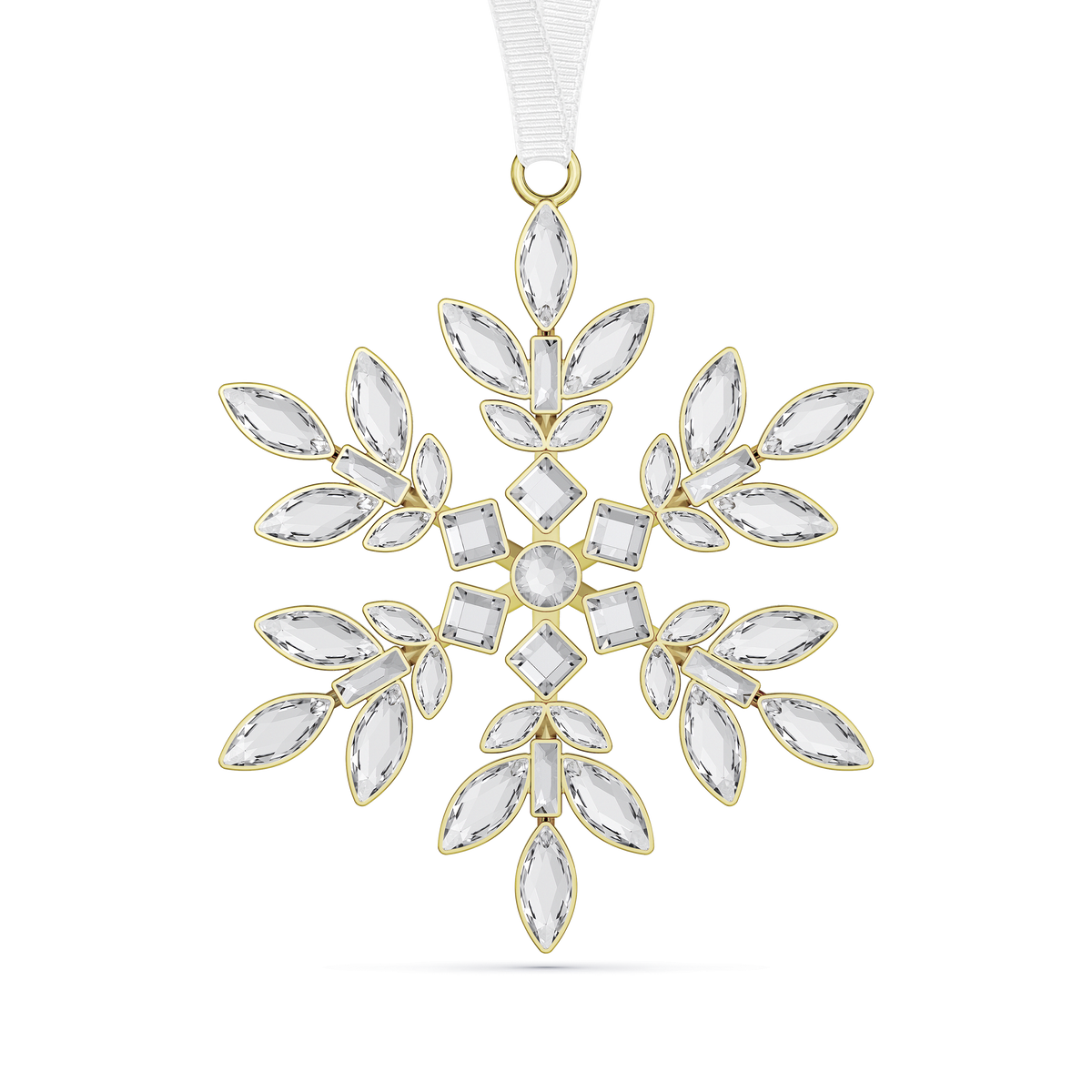The Swarovski Gema Holiday Ornament, Crystal by Swarovski showcases a gold-bordered snowflake design with clear gem petals and a central round crystal, elegantly suspended from a white ribbon—a sparkling holiday tree decoration that radiates timeless charm.
