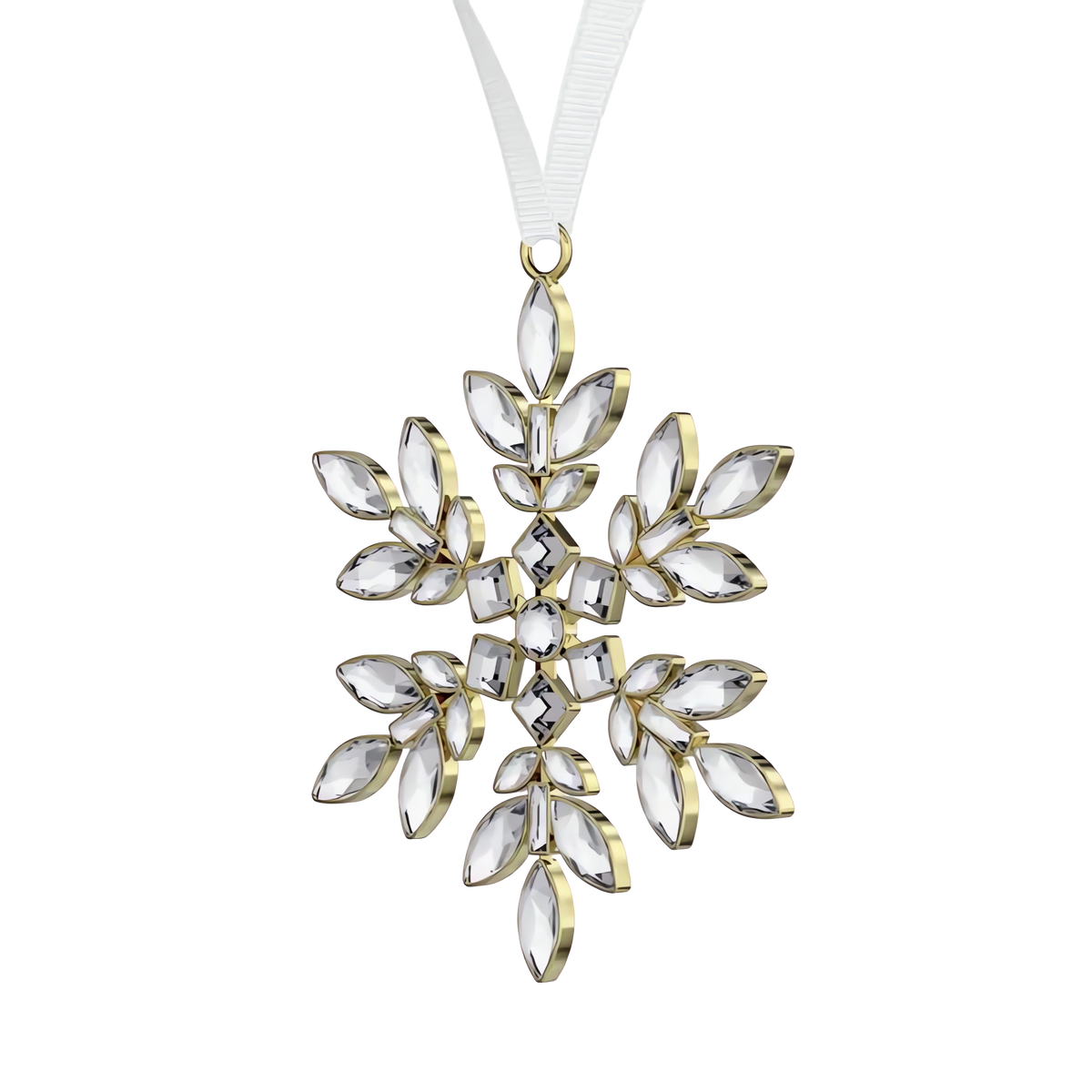 The Swarovski Gema Holiday Ornament, Crystal by Swarovski features a dazzling crystal snowflake with gold accents, suspended from a white ribbon against a white background—perfect for adding sparkling elegance to your holiday tree décor.