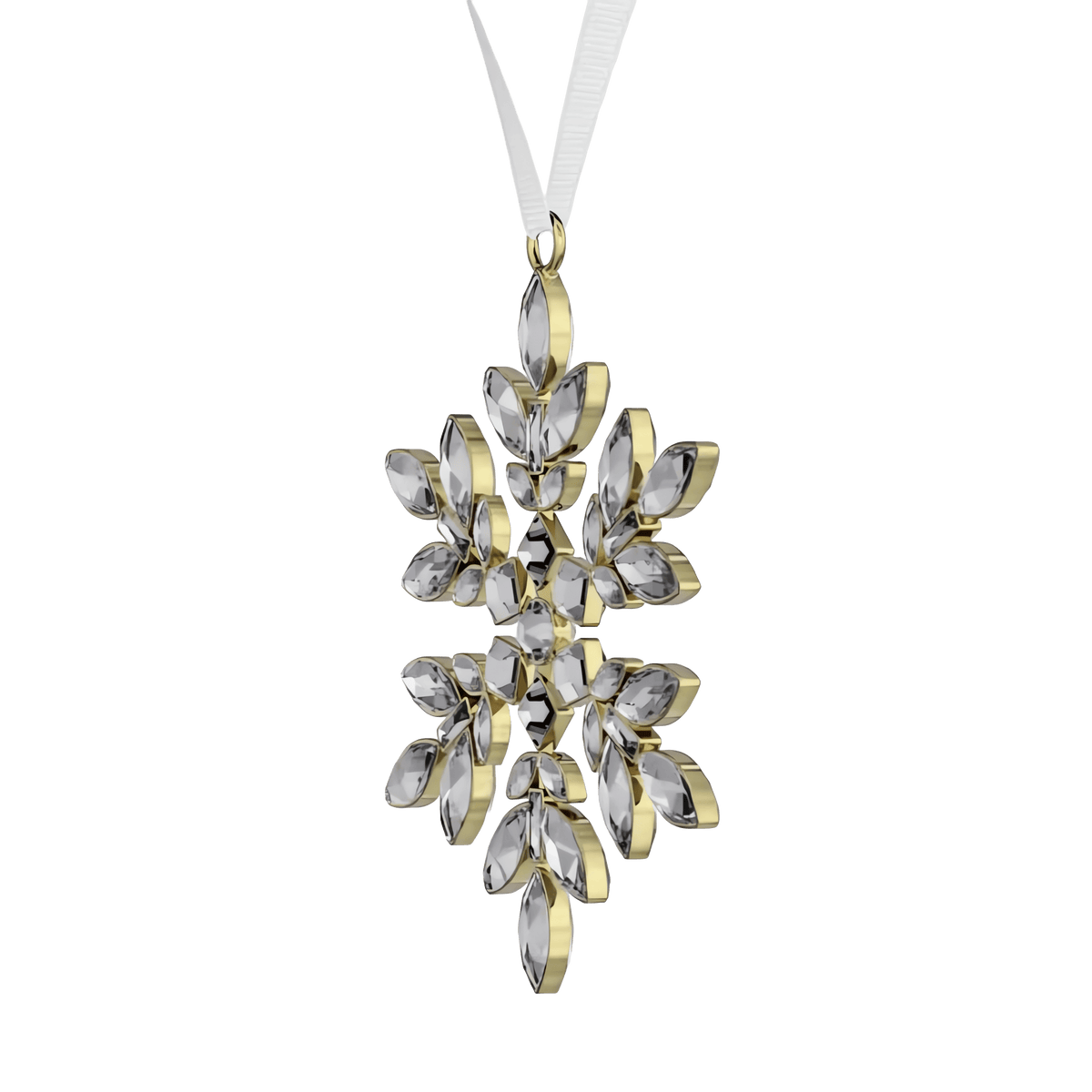 The Swarovski Gema Holiday Ornament, Crystal by Swarovski features elegant, leaf-shaped crystals and a white ribbon for hanging, making it a sparkling addition to your holiday tree décor. Displayed on a plain white background.