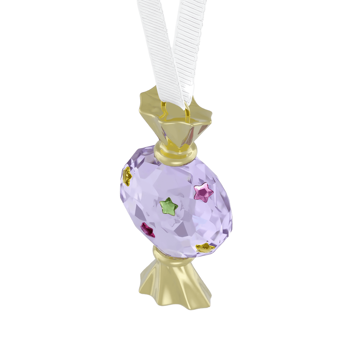 The Swarovski Holiday Cheers Dulcis Candy Ornament in Violet, from Swarovski, features faceted purple crystal adorned with gold-tone accents and multicolored star-shaped gems. Suspended from a white ribbon against a white background, this festive piece makes an ideal holiday décor accent.