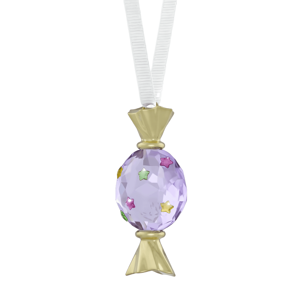 Add a touch of festive sparkle to your décor with the Swarovski Holiday Cheers Dulcis Candy Ornament, Violet—a delightful pendant from Swarovski shaped like a wrapped candy, featuring a faceted purple center adorned with colorful star decorations and gold-toned ends, elegantly hanging from a white ribbon.