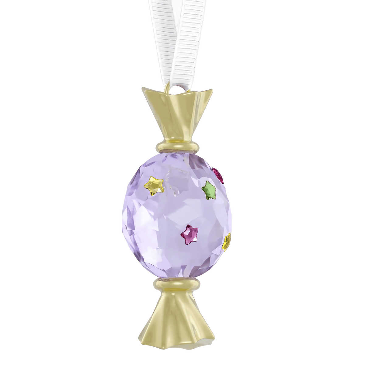 The Swarovski Holiday Cheers Dulcis Candy Ornament, Violet, by Swarovski, is a crystal purple candy-shaped ornament with a faceted violet center and gold-colored ends adorned with colorful jewel accents. Hanging elegantly from a white ribbon, this striking piece adds festive charm to your holiday décor as part of the Swarovski Holiday Cheers collection.