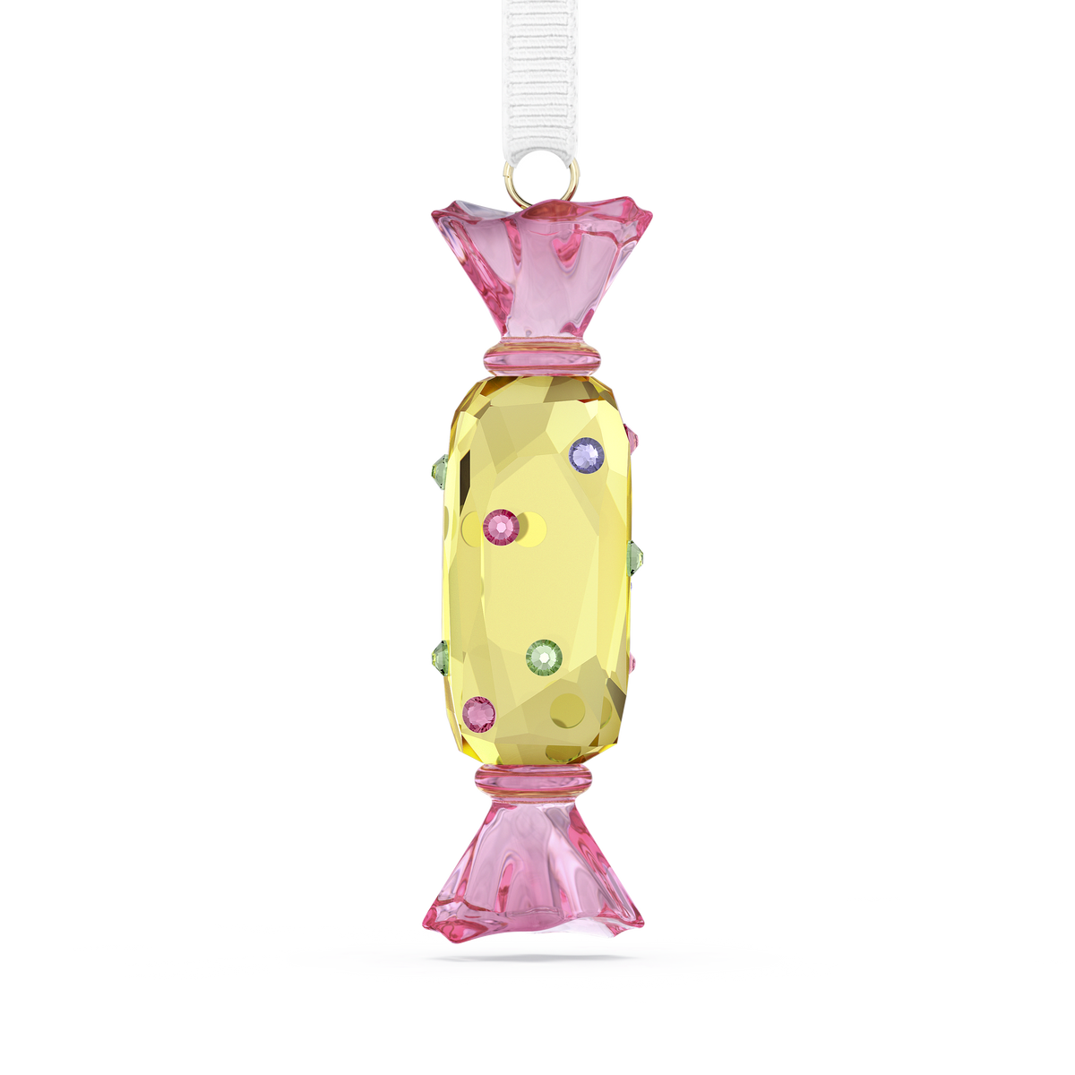The Swarovski Holiday Cheers Dulcis Candy Ornament, Yellow by Swarovski features a design inspired by a wrapped candy, with a yellow center, pink ends, colorful gem-like dots for decoration, and a silver hanging loop at the top—perfect for festive décor and holiday decorating.