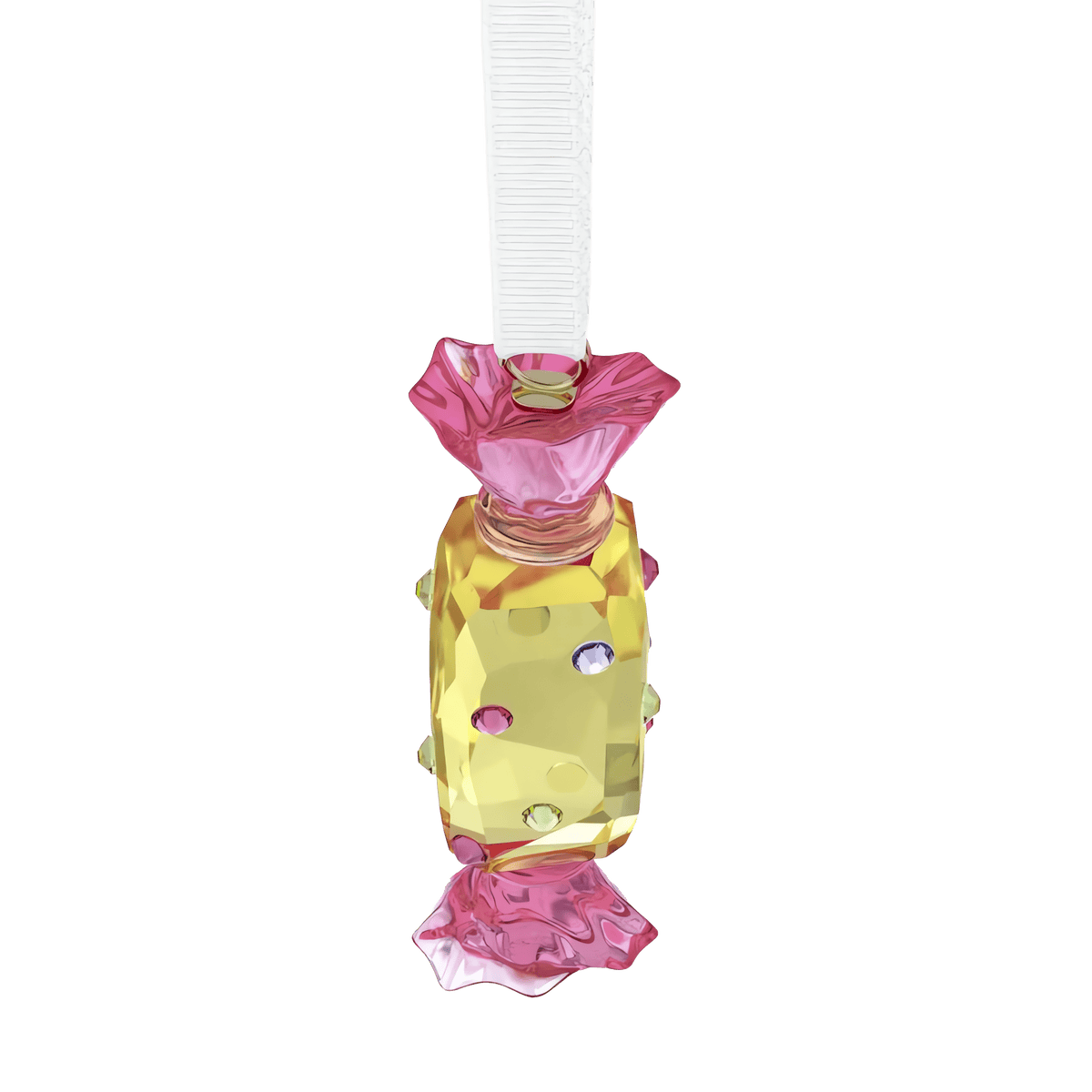 Add a playful touch to your holiday décor with the Swarovski Holiday Cheers Dulcis Candy Ornament in yellow—a pendant shaped like a wrapped candy, featuring a yellow faceted center, pink ends, and small colorful gems, all suspended from a white ribbon.
