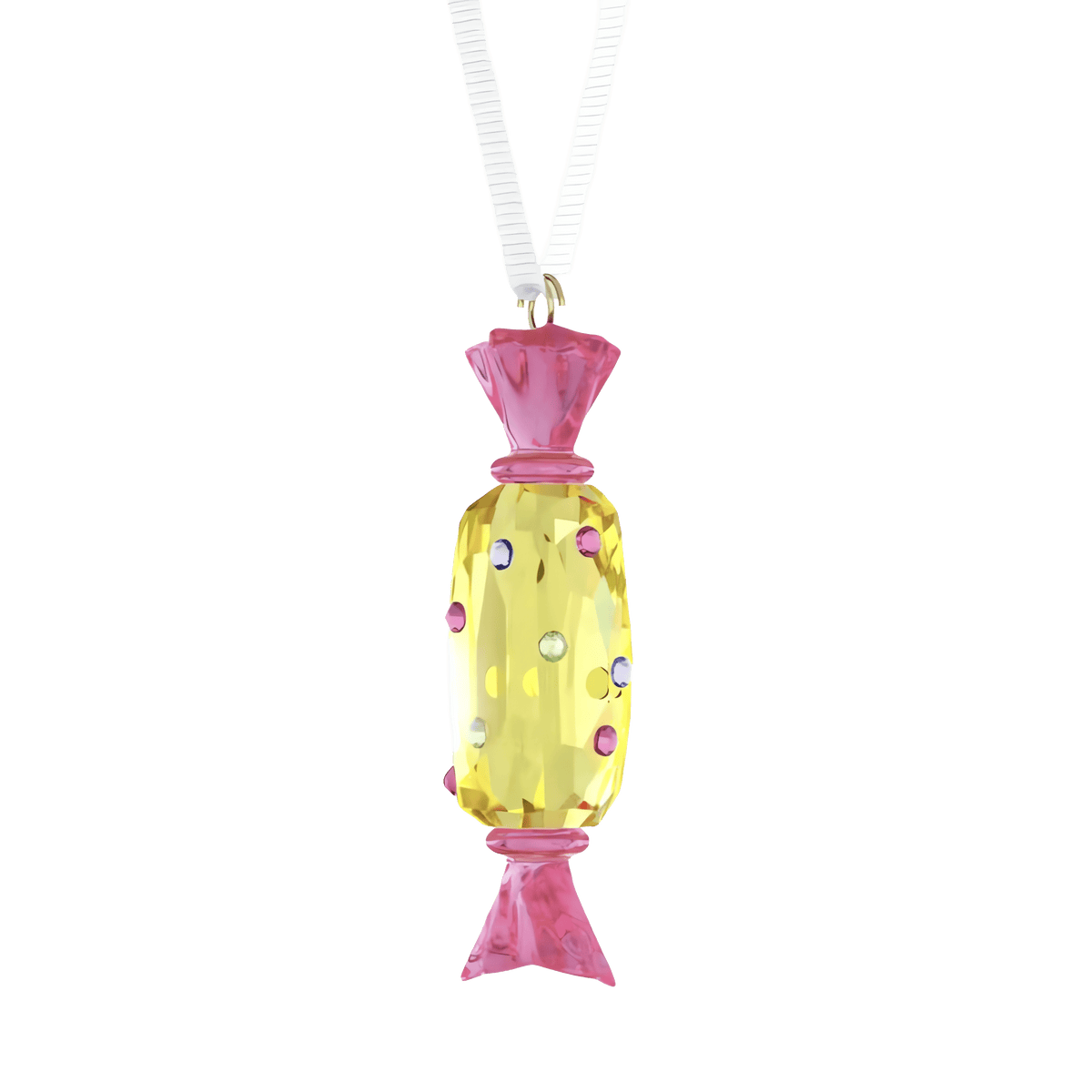 The Swarovski Holiday Cheers Dulcis Candy Ornament in yellow features a wrapped candy design with a gem-like yellow center, small colorful dots, and pink ends, all suspended from a white ribbon—making it the perfect Swarovski ornament to enhance your festive holiday décor.