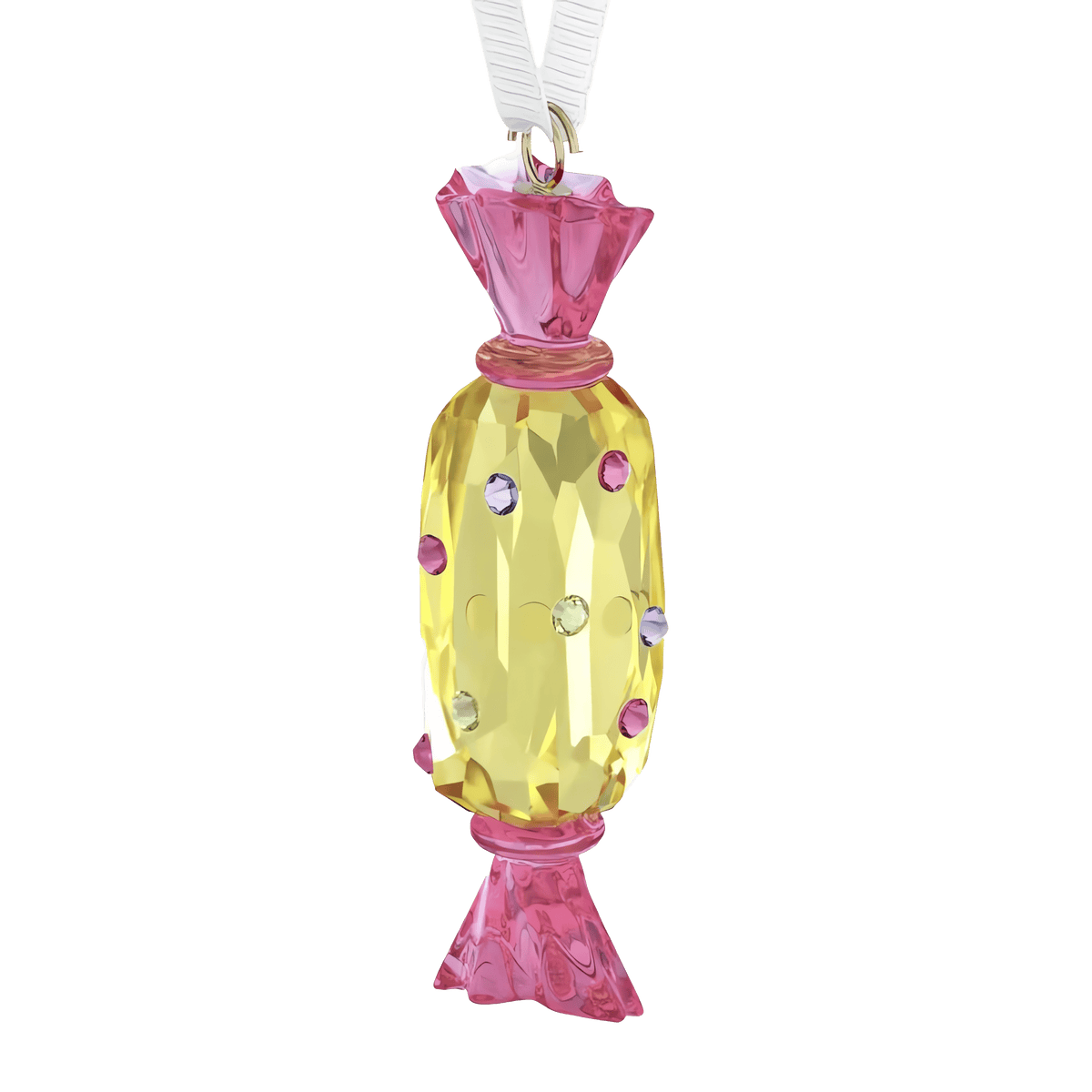 The Swarovski Holiday Cheers Dulcis Candy Ornament in Yellow features a faceted yellow body adorned with small colorful gems and playful pink ends, suspended from a white ribbon—this delightful Swarovski creation brings whimsical charm to your festive décor.