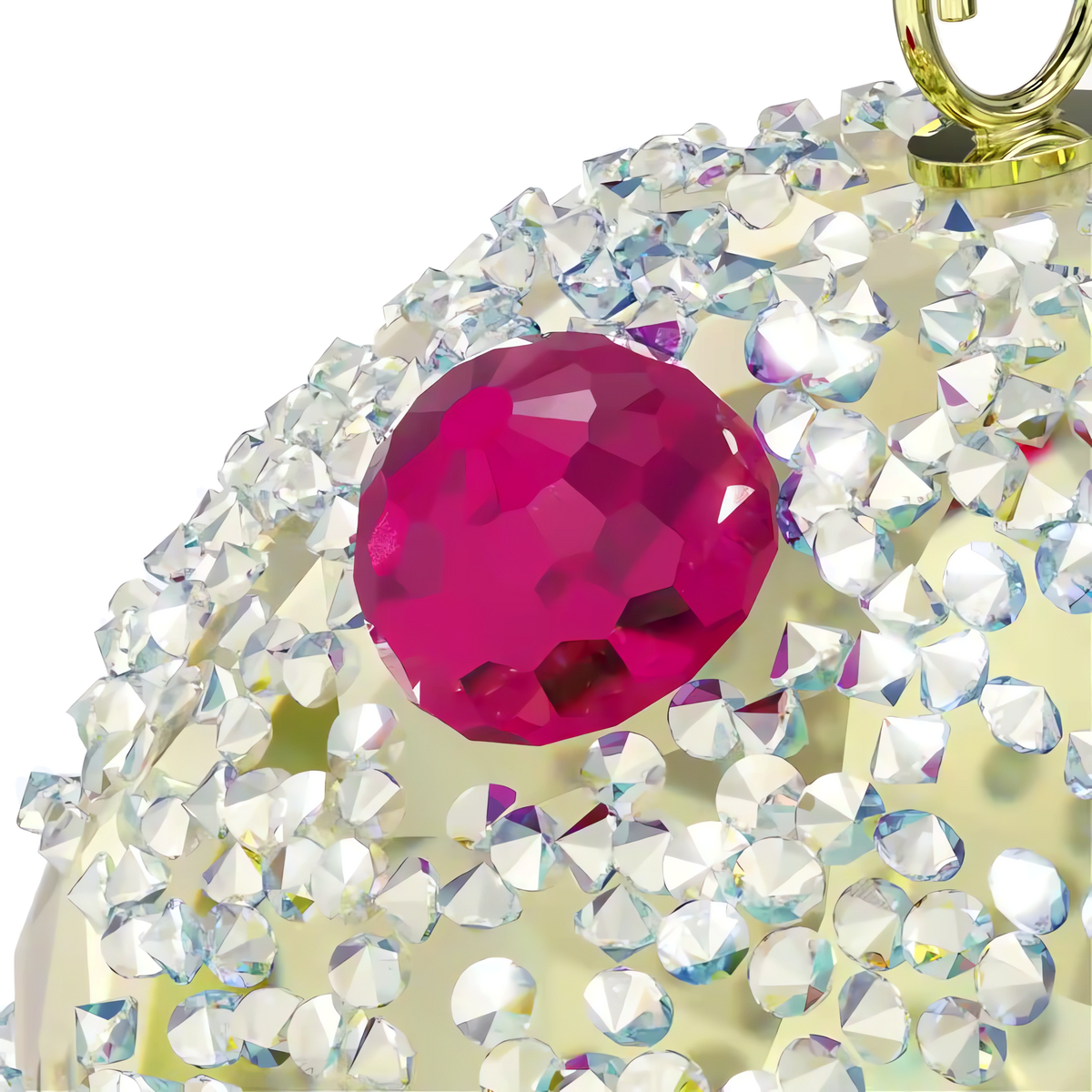 A close-up of the Swarovski Holiday Cheers Dulcis Cupcake Ornament by Swarovski, featuring small, clear crystals with a large, faceted red gem and a gold hook at the top, sparkling with an Aurora Boreale effect reminiscent of a dazzling crystal cherry.