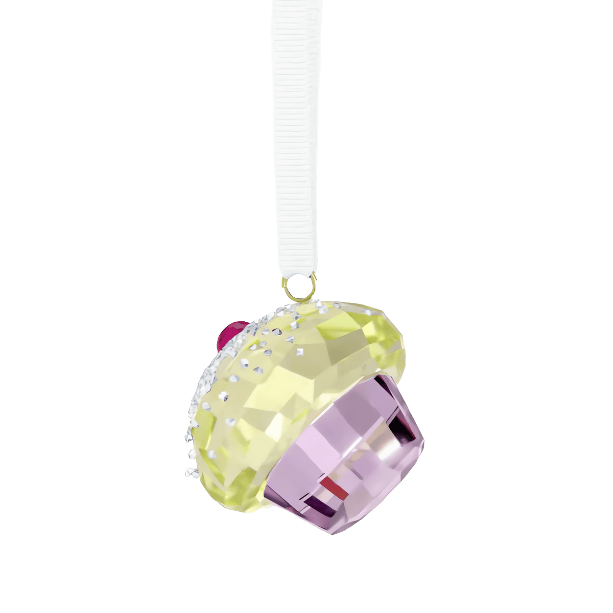 The Swarovski Holiday Cheers Dulcis Cupcake Ornament by Swarovski features a faceted crystal design with a yellow top, pink base, and dazzling Aurora Boreale effect. It is adorned with a sparkling crystal cherry and white sprinkles, and hangs elegantly from a white ribbon against a plain background.