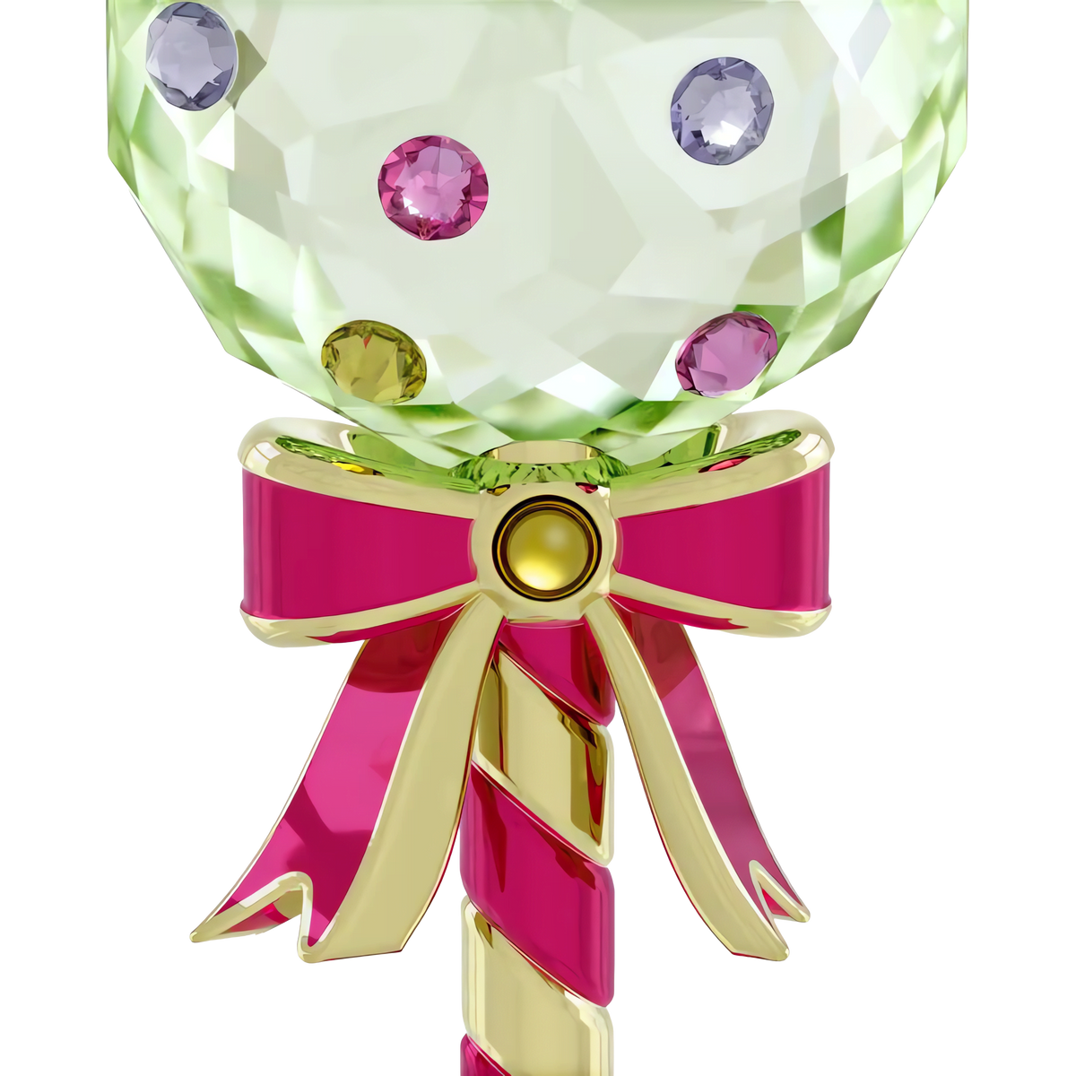 The Swarovski Holiday Cheers Dulcis Lollipop Ornament in green features a faceted crystal design reminiscent of a green lollipop, embellished with colorful gem-like accents, and set atop a striped stick wrapped in a shiny pink and gold bow—perfectly embodying the whimsical spirit of Swarovski.