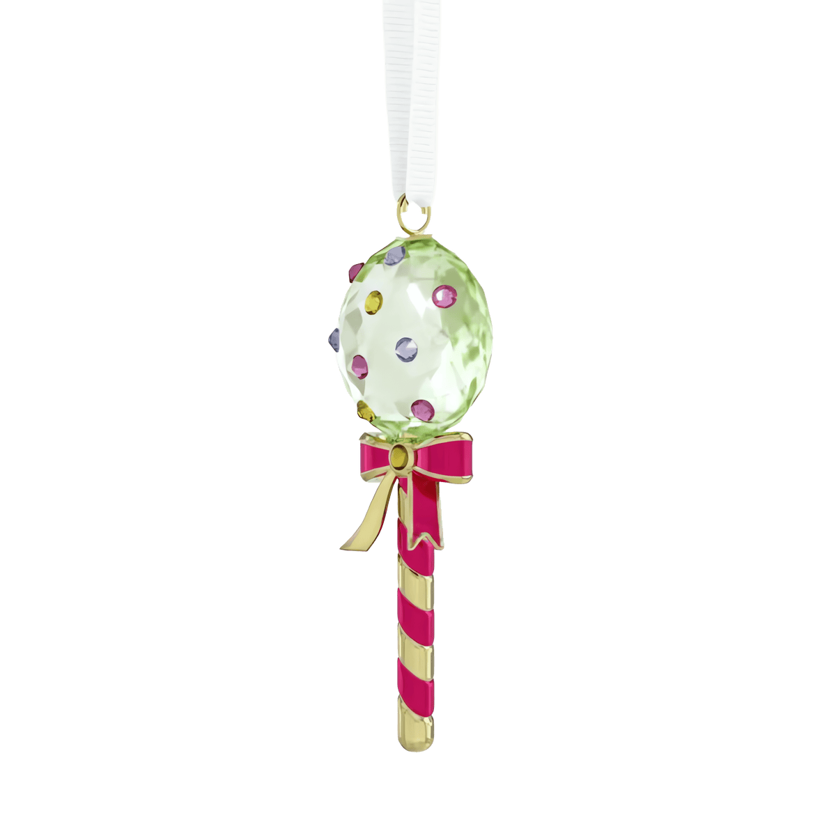 Introducing the Swarovski Holiday Cheers Dulcis Lollipop Ornament in Green—a sparkling ornament by Swarovski featuring a faceted green glass top, colorful dots, a red and gold striped stick, and a red bow, all suspended from a white ribbon. A cheerful addition to any Holiday Cheers Dulcis collection.