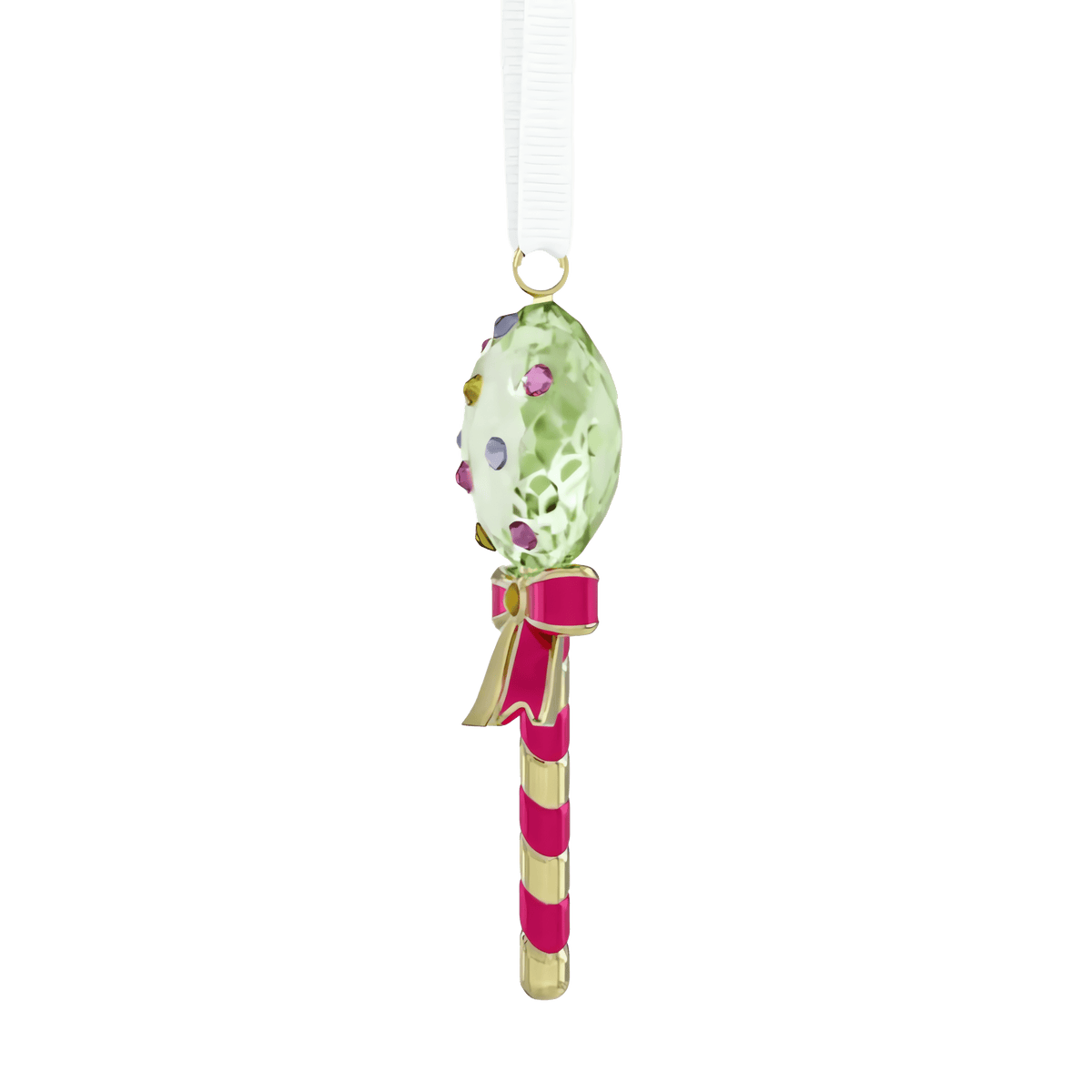 A festive ornament from Swarovski, the Holiday Cheers Dulcis Lollipop Ornament in green, features a jeweled lollipop design with a gold and red striped handle accented by sparkling crystals. It is tied with a red ribbon and hangs from a white ribbon loop.