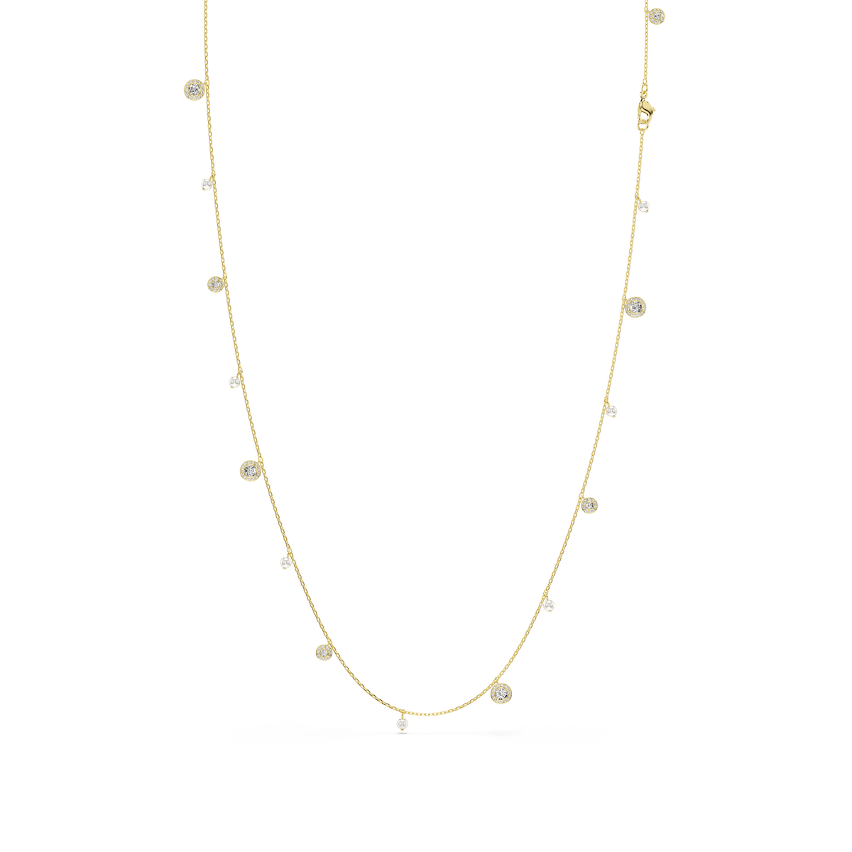 Introducing the Swarovski Una Angelic strandage, an elegant necklace featuring round-cut crystal pearls set along an 18K gold finish chain. Each pearl is accented in a delicate circular bezel, embodying the luxurious style for which Swarovski is renowned. Displayed against a plain white background, this piece combines timeless sophistication with exquisite craftsmanship.