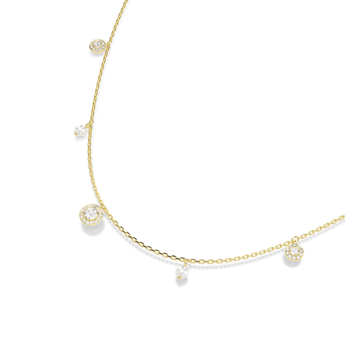The Swarovski Una Angelic strandage is a delicate necklace crafted with an 18K gold finish, featuring alternating crystal pearls and round-cut charms. Displayed on a white background, this elegant piece from Swarovski is perfect for elevating your luxury jewelry collection.