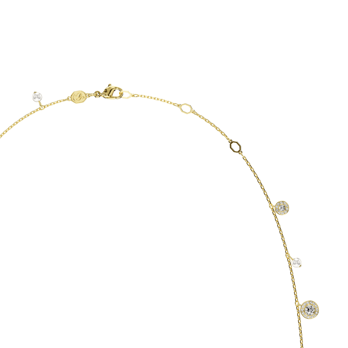 The Swarovski Una Angelic strandage necklace features white crystal pearls and round-cut accents, elegantly set along an 18K gold finish chain—a stunning example of luxury jewelry shown on a white background.