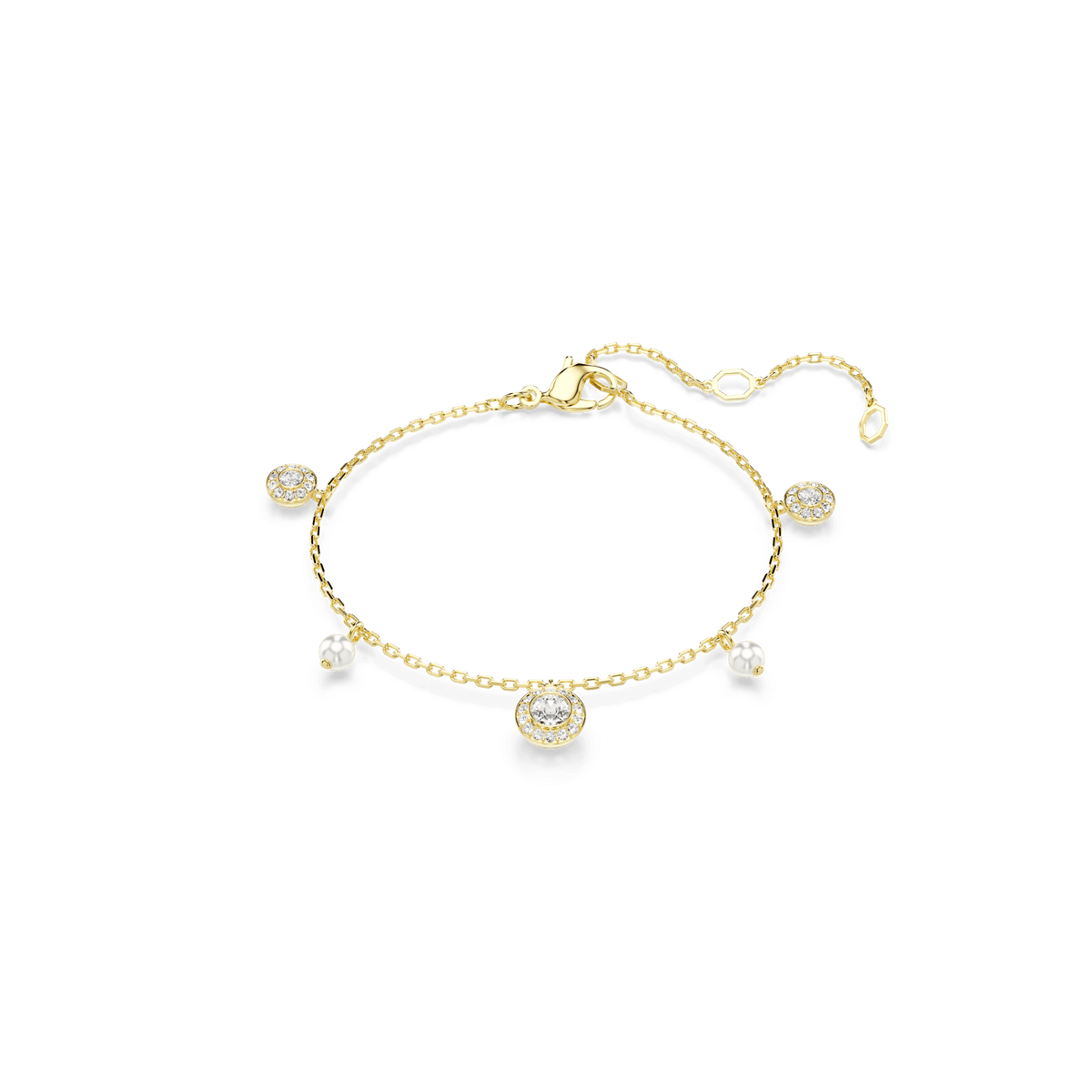The Swarovski Una Angelic strandage bracelet features a delicate 18K gold finish chain adorned with three round-cut white crystals and two shimmering Swarovski crystal pearls as dangling charms, complete with an adjustable clasp—an exquisite luxury jewelry piece by Swarovski.