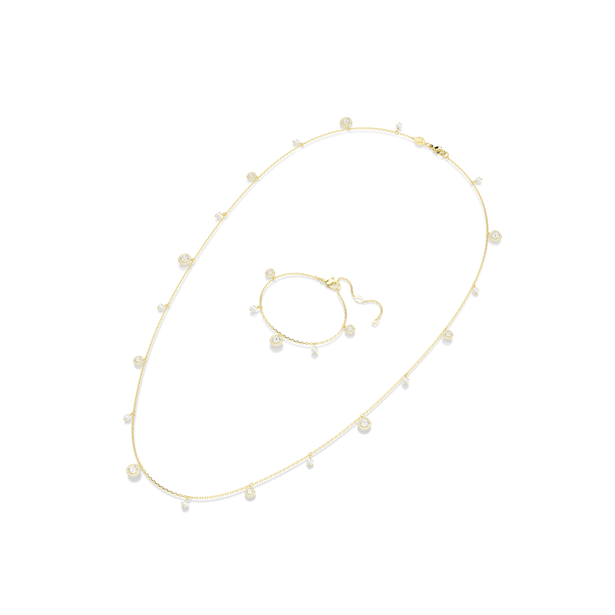 Swarovski Una Angelic strandage and matching bracelet, both featuring round-cut white Crystal Pearls set in an 18K gold finish, elegantly displayed on a white background—a timeless showcase of Swarovski luxury jewelry.