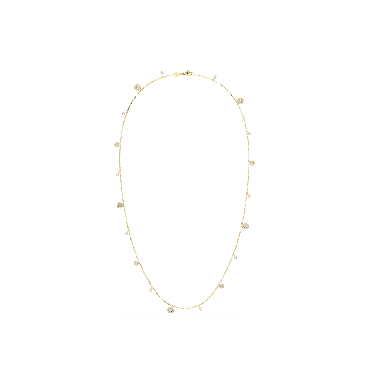 The Swarovski Una Angelic Strandage is an exquisite 18K gold-finished necklace featuring round-cut crystals and white crystal pearls, with delicately spaced charms displayed elegantly against a plain white background—showcasing the luxury craftsmanship of Swarovski jewelry.