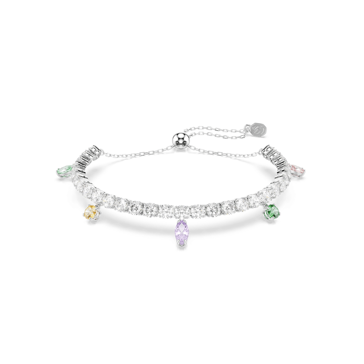 The Swarovski Ariana Grande x Swarovski bracelet features mixed-cut, multicolored pastel gemstones in yellow, green, lavender, and pink set on rhodium-plated silver. This delicate bracelet includes an adjustable chain with a small round charm at the end and is perfect for any occasion.