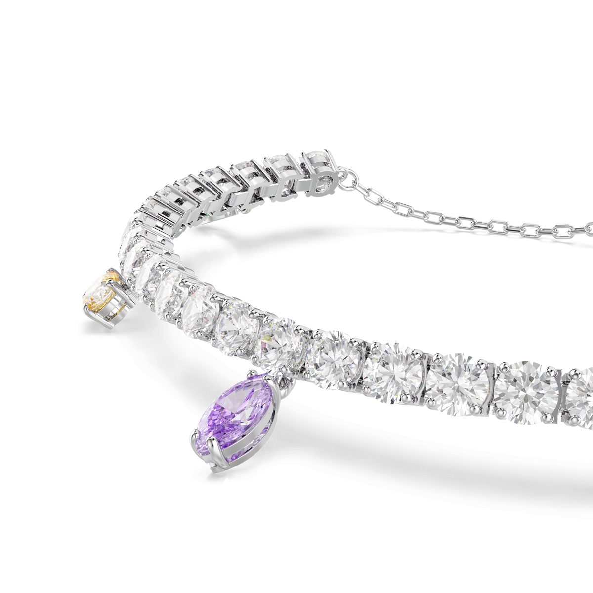Introducing the Swarovski Ariana Grande x Swarovski bracelet—a rhodium plated design with mixed-cut multicolored stones. Featuring a delicate arrangement of round and marquise-cut crystals, including a striking purple pendant and a vibrant yellow accent, this elegant bracelet by Swarovski shimmers beautifully against a white background, making it the perfect accessory for any occasion.