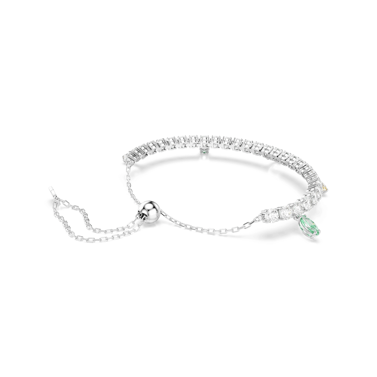 Introducing the Swarovski Ariana Grande x Swarovski bracelet: a rhodium-plated silver piece featuring mixed-cut, multicolored Swarovski Zirconia stones in a delicate row. The bracelet includes an adjustable sliding clasp for easy sizing and is adorned with a single green gemstone charm, blending elegance and versatility.