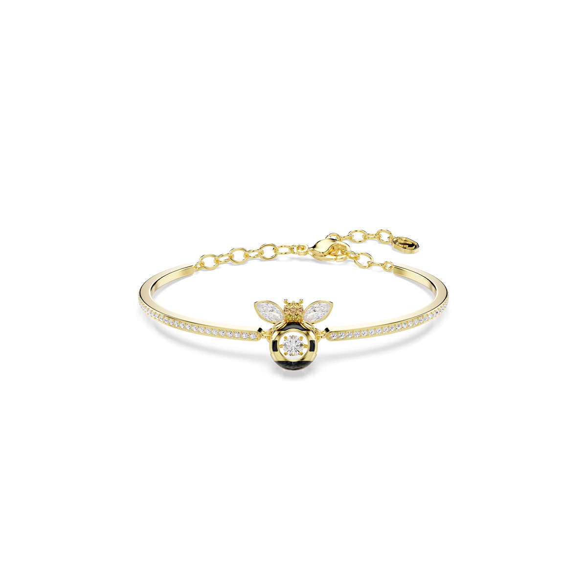 The Swarovski Idyllia bangle features a bee-shaped centerpiece adorned with mixed-cut multicolored crystals, set on an elegant thin band with an 18K gold finish. This sophisticated piece of crystal jewelry by Swarovski is beautifully displayed on a white background.